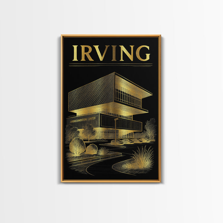 Irving Texas Travel Poster, Canvas Print, Black And Gold Line Art, Irving Print, Wanderlust Decor, Watercolor Skyline, Retro Travel Print