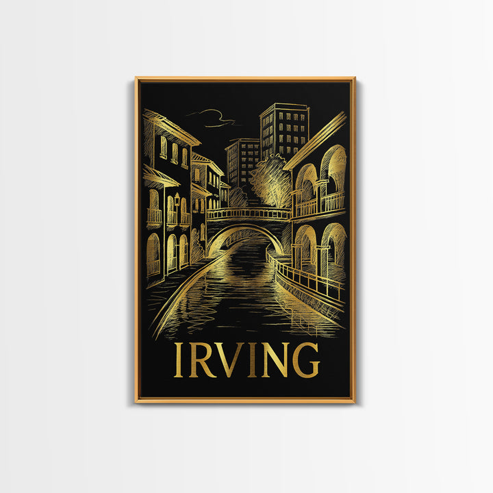 Irving Travel Poster, Framed Canvas Print, Elegant Gold City Art, Irving Poster Print, Vintage City Art, Mid Century Wall Art, Design 2