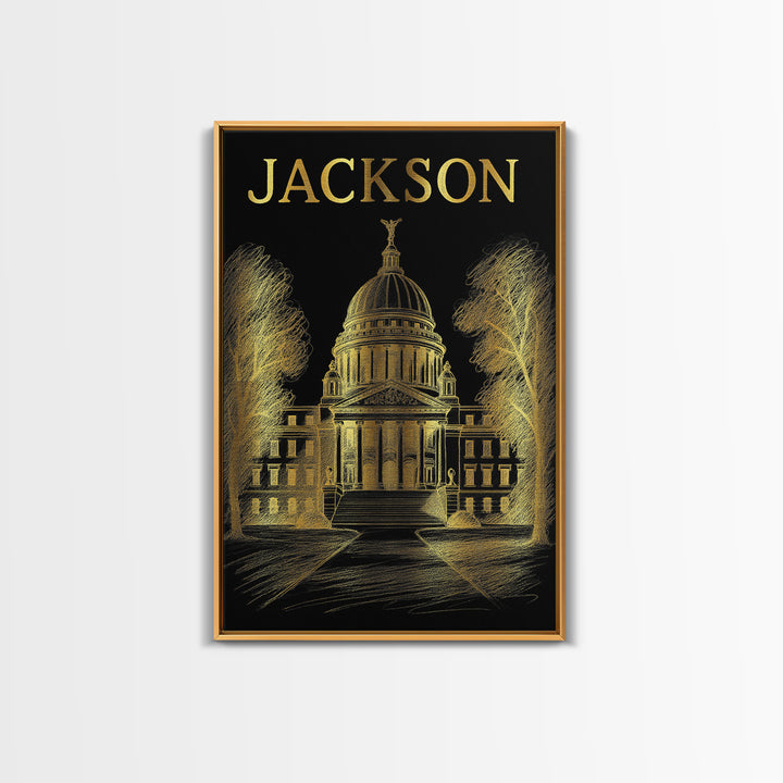 Jackson Mississippi Travel Poster, Canvas Print, Gold Sketch Wall Art, Jackson Wall Art, Travel Print, Fine Art Print, Vintage City Art