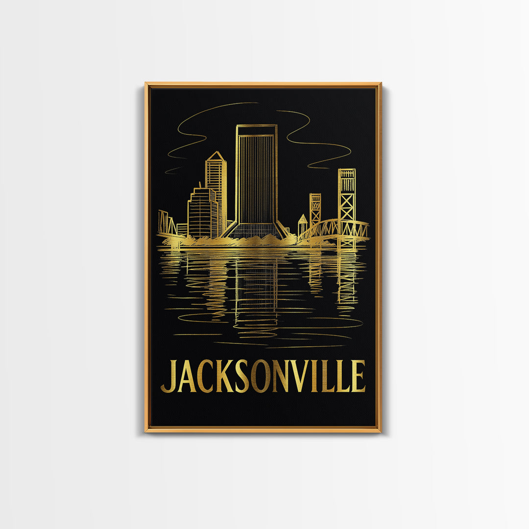 Jacksonville Travel Poster, Canvas Print, Elegant Gold City Art, Jacksonville Wall Art, Gift For Travelers, Wanderlust Decor, Wall Art