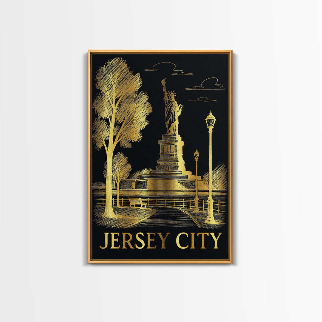 Jersey City Travel Poster, Canvas Print, Black And Gold Line Art, Jersey City Poster Print, Watercolor Urban Skyline, Home Office Decor
