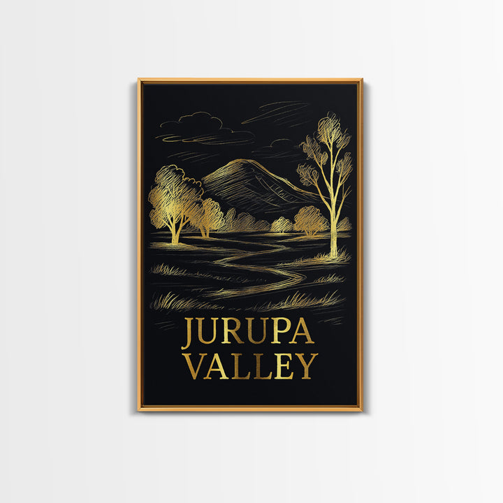 Jurupa Valley Travel Poster, Framed Canvas Print, Elegant Gold City Art, Jurupa Valley Art Print, Watercolor Skyline, Home Office Decor