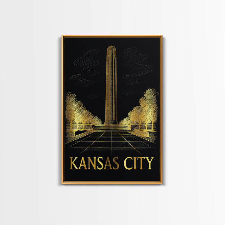 Kansas City Travel Poster, Framed Canvas Print, Black And Gold Line Art, Kansas City Art Print, Eclectic Wall Decor, Travel Wall Decor