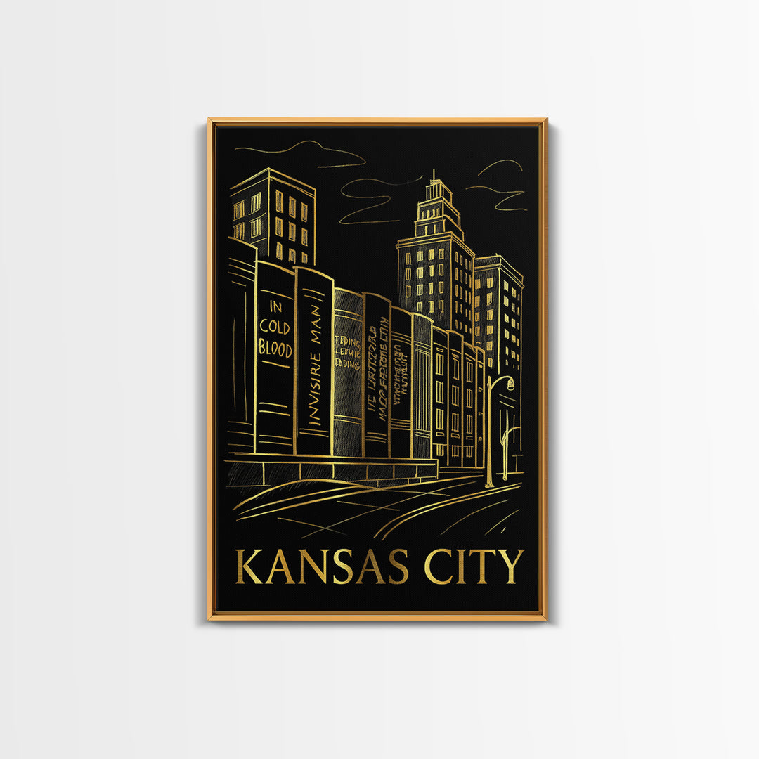 Kansas City Travel Poster, Framed Canvas Print, Black And Gold Line Art, Kansas City City Art, Living Room Wall Art, Gift For Travelers