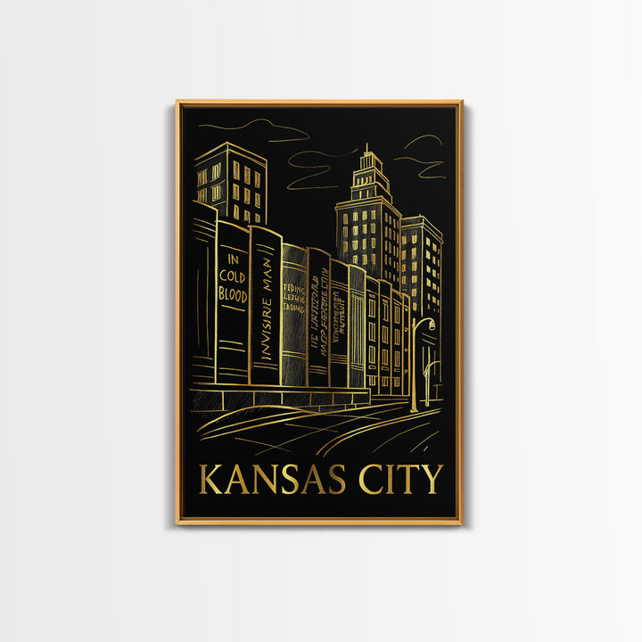 Kansas City Travel Poster, Framed Canvas Print, Black And Gold Line Art, Kansas City City Art, Living Room Wall Art, Gift For Travelers