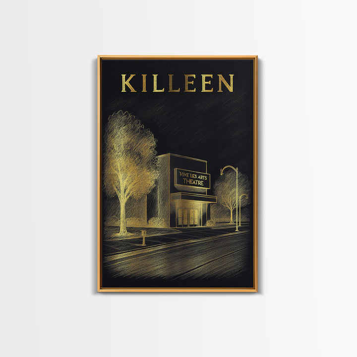 Killeen Texas Travel Poster, Canvas Print, Black And Gold Line Art, Killeen Travel Art, Vintage City Art, Gift For Travelers, Design 1