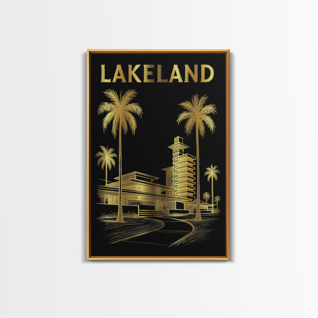 Lakeland Florida Travel Poster, Framed Canvas Print, Gold Sketch Wall Art, Lakeland Wall Art, Vintage Travel Print, Mid Century Wall Art