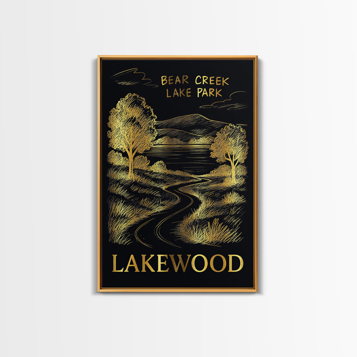 Lakewood Travel Poster, Framed Canvas Print, Elegant Gold City Art, Lakewood City Art, Travel Poster Set, Eclectic Wall Decor, Wall Art