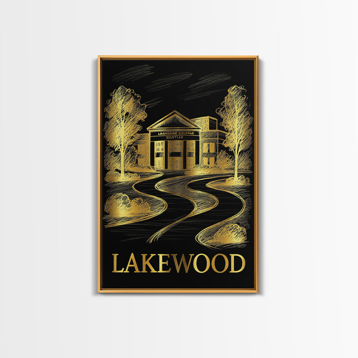 Lakewood Travel Poster, Framed Canvas Print, Elegant Gold City Art, Lakewood Wall Art, Travel Wall Decor, Travel Art Print, Poster Art