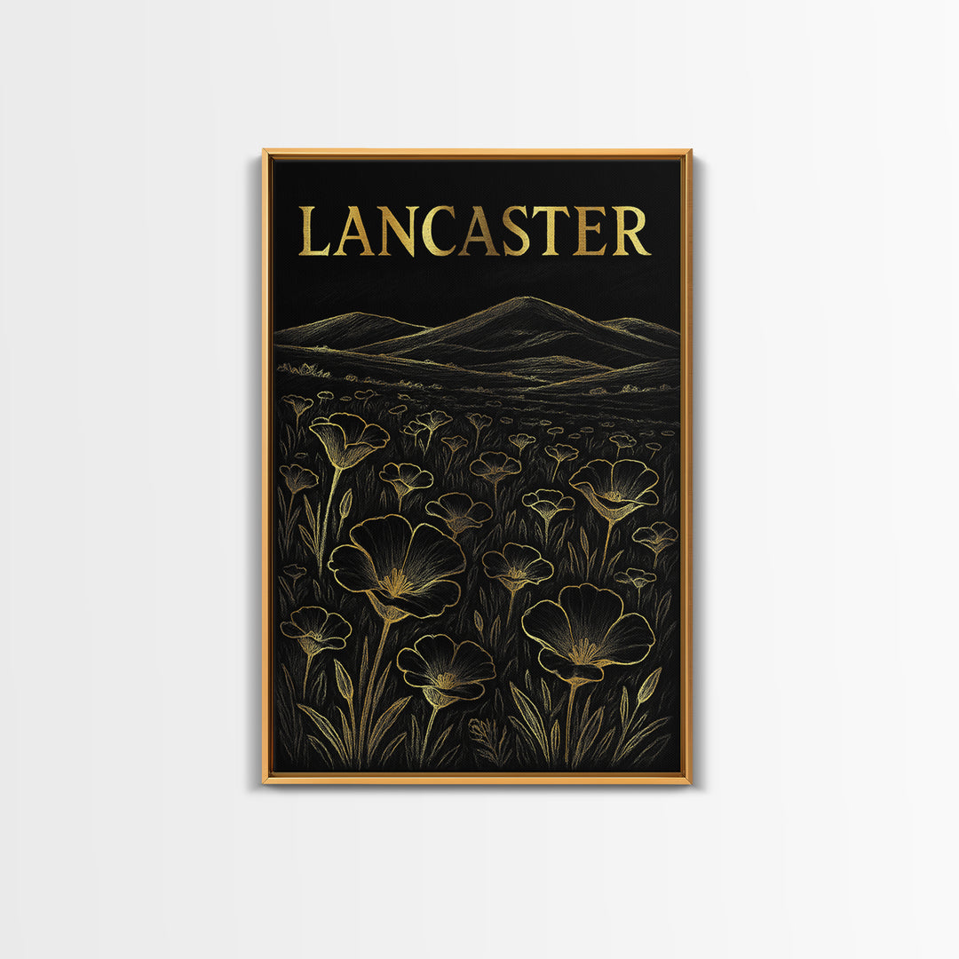 Lancaster California Travel Poster, Framed Canvas Print, Elegant Gold City Art, Lancaster City Art, Mid Century Wall Art, City Illustration