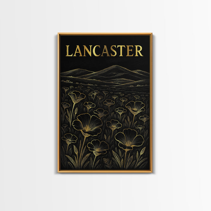 Lancaster California Travel Poster, Framed Canvas Print, Elegant Gold City Art, Lancaster City Art, Mid Century Wall Art, City Illustration