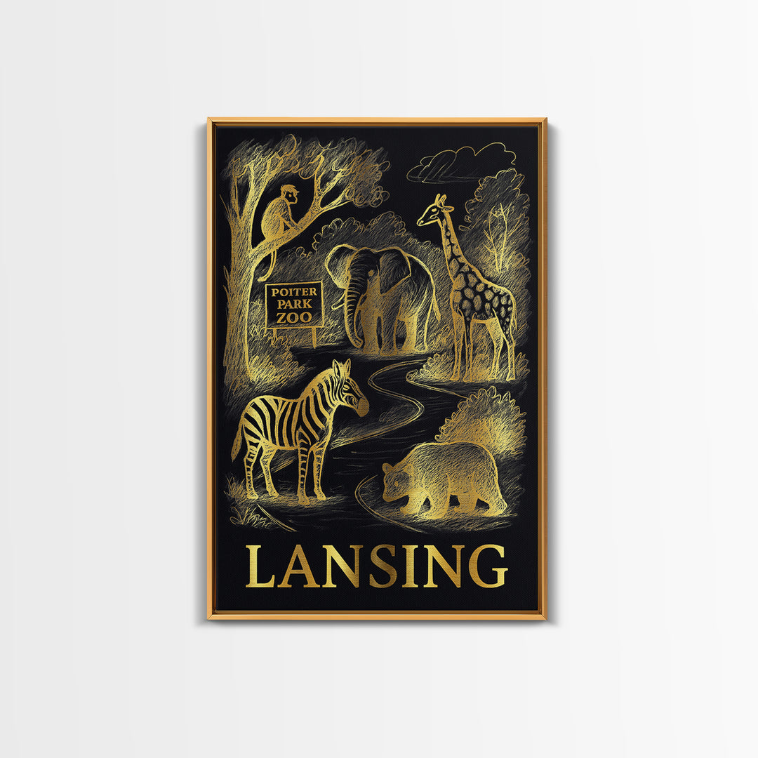 Lansing Travel Poster, Canvas Print, Gold Sketch Wall Art, Lansing Travel Art, Living Room Wall Art, Travel Wall Art, Retro Travel Print