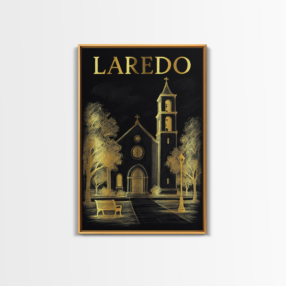 Laredo Texas Travel Poster, Canvas Print, Black And Gold Line Art, Laredo City Art, Watercolor Skyline Art, Fine Art Print, Travel Posters