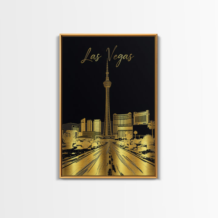 Las Vegas Travel Poster, Framed Canvas Print, Gold Sketch Wall Art, Las Vegas Art Print, Modern Wall Decor, Watercolor Cityscape
