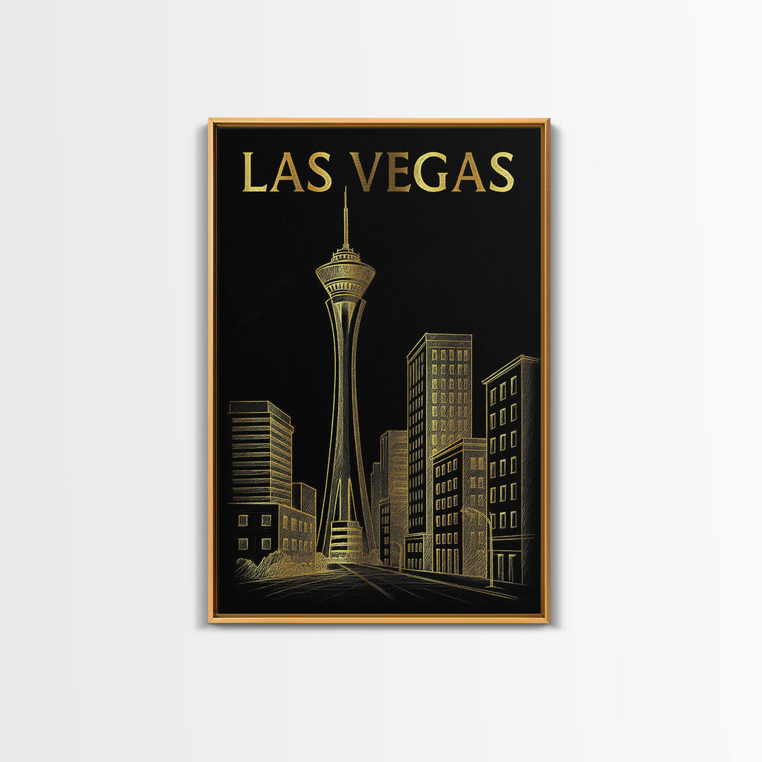 Las Vegas Travel Poster, Framed Canvas Print, Elegant Gold City Art, Las Vegas Travel Art, Gift For Travelers, Fine Art Print, Design 3