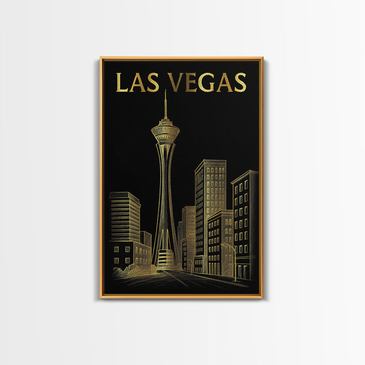 Las Vegas Travel Poster, Framed Canvas Print, Elegant Gold City Art, Las Vegas Travel Art, Gift For Travelers, Fine Art Print, Design 3