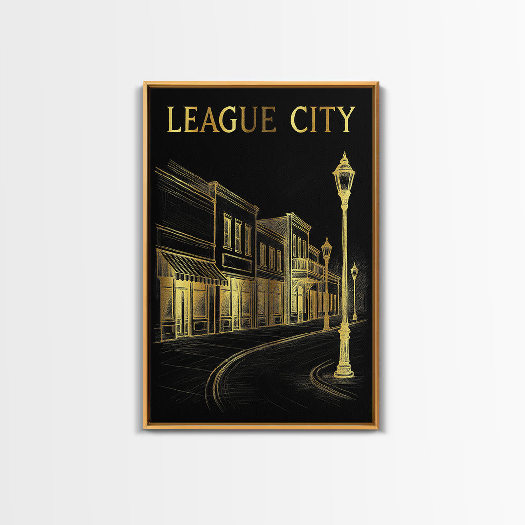 League City Texas Travel Poster, Canvas Print, Dark Background Poster Art, League City Poster Print, Mid Century Wall Art, Fine Art Print