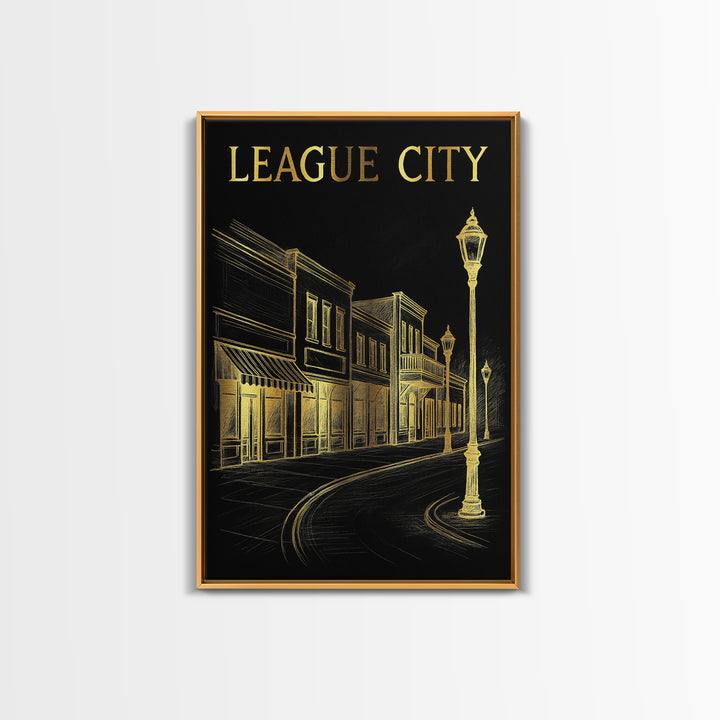 League City Texas Travel Poster, Canvas Print, Dark Background Poster Art, League City Poster Print, Mid Century Wall Art, Fine Art Print