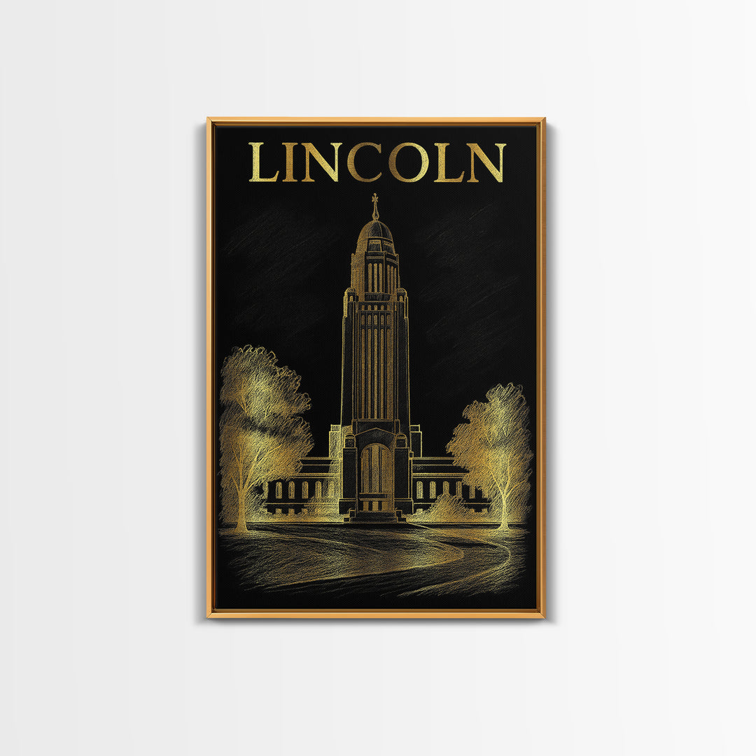 Lincoln Nebraska Travel Poster, Framed Canvas Print, Gold Sketch Wall Art, Lincoln Poster Print, Mid Century Wall Art, City Illustration