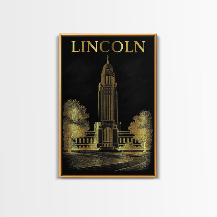 Lincoln Nebraska Travel Poster, Framed Canvas Print, Gold Sketch Wall Art, Lincoln Poster Print, Mid Century Wall Art, City Illustration