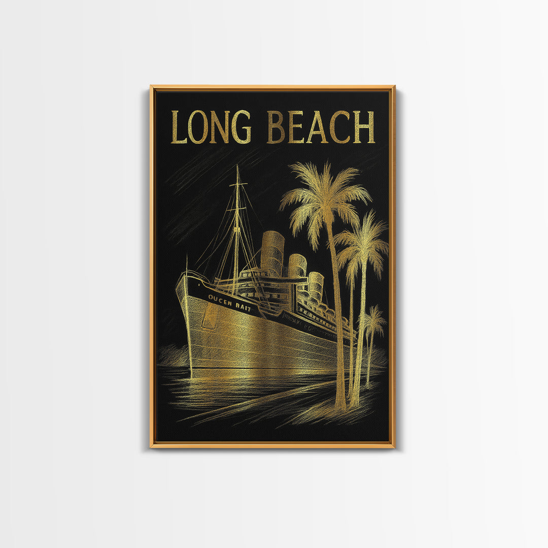 Long Beach California Travel Poster, Canvas Print, Elegant Gold City Art, Long Beach Wall Art, Skyline Art, City Art Print, Wanderlust Decor
