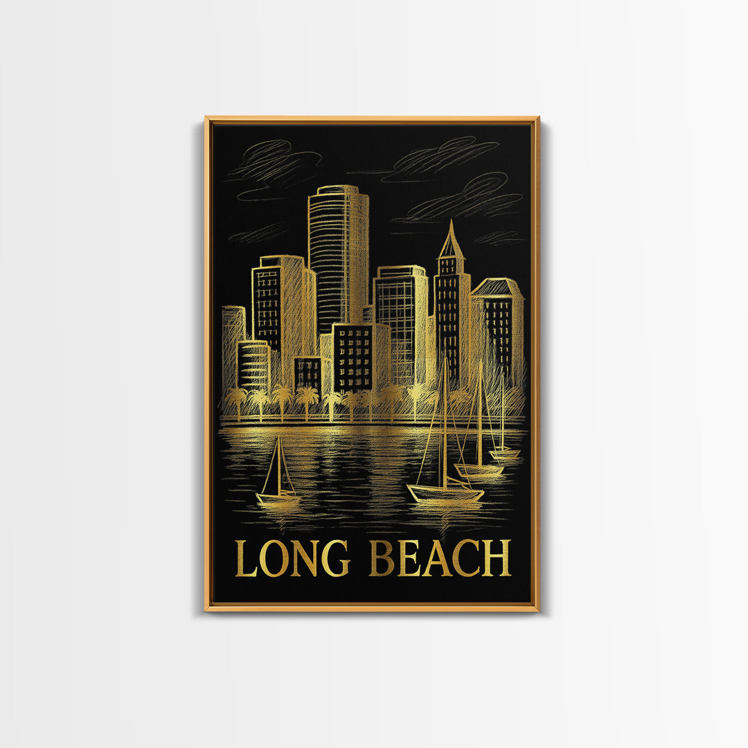 Long Beach Travel Poster, Canvas Print, Elegant Gold City Art, Long Beach Art Print, Watercolor Skyline, Retro Travel Print, Design 2