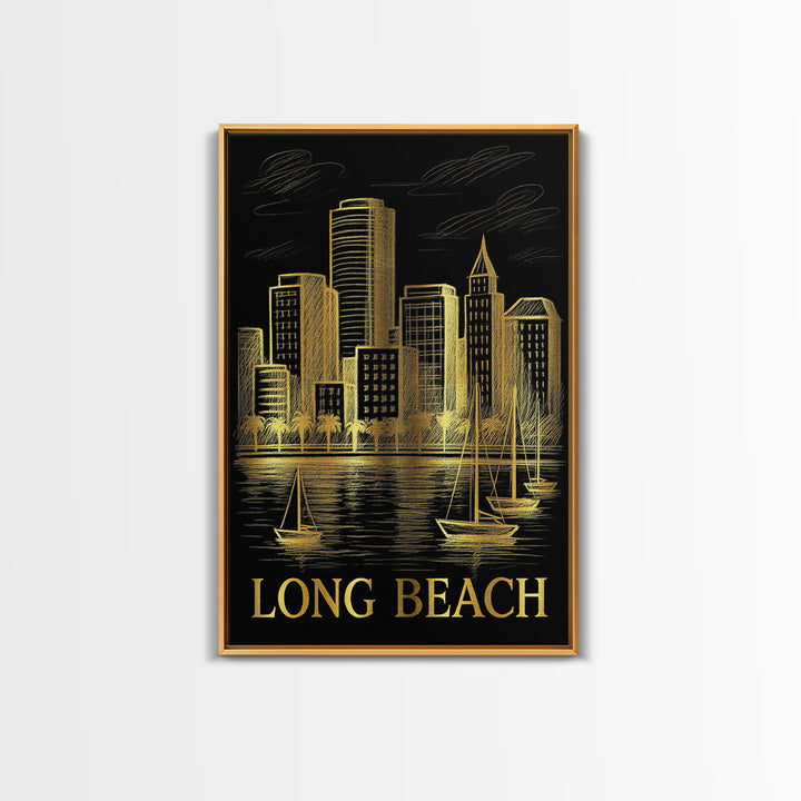 Long Beach Travel Poster, Canvas Print, Elegant Gold City Art, Long Beach Art Print, Watercolor Skyline, Retro Travel Print, Design 2