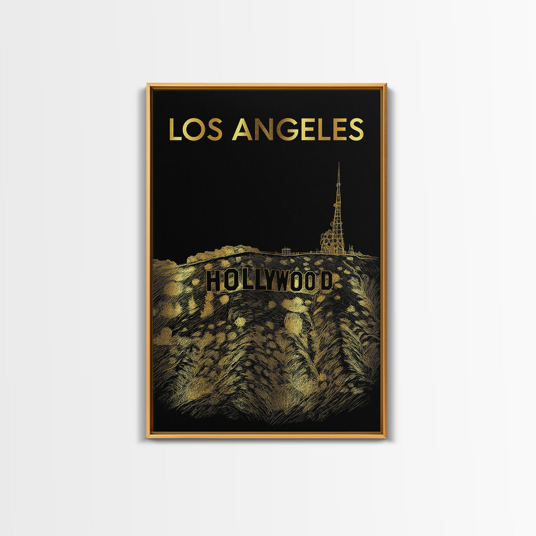 Los Angeles Travel Poster, Canvas Print, Black And Gold Line Art, Los Angeles Poster Print, Mid Century Wall Art, Travel Art Print