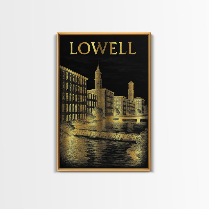 Lowell Massachusetts Travel Poster, Canvas Print, Dark Background Poster Art, Lowell City Art, City Poster, Art Print, Retro Travel Print
