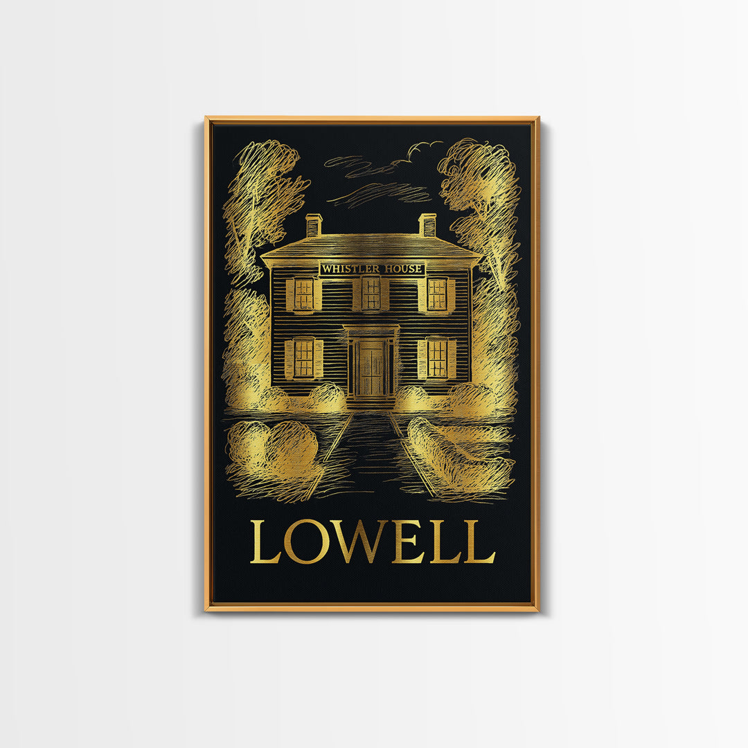 Lowell Travel Poster, Canvas Print, Black And Gold Line Art, Lowell City Art, Travel Wall Art, Eclectic Wall Decor, Gift For Travelers
