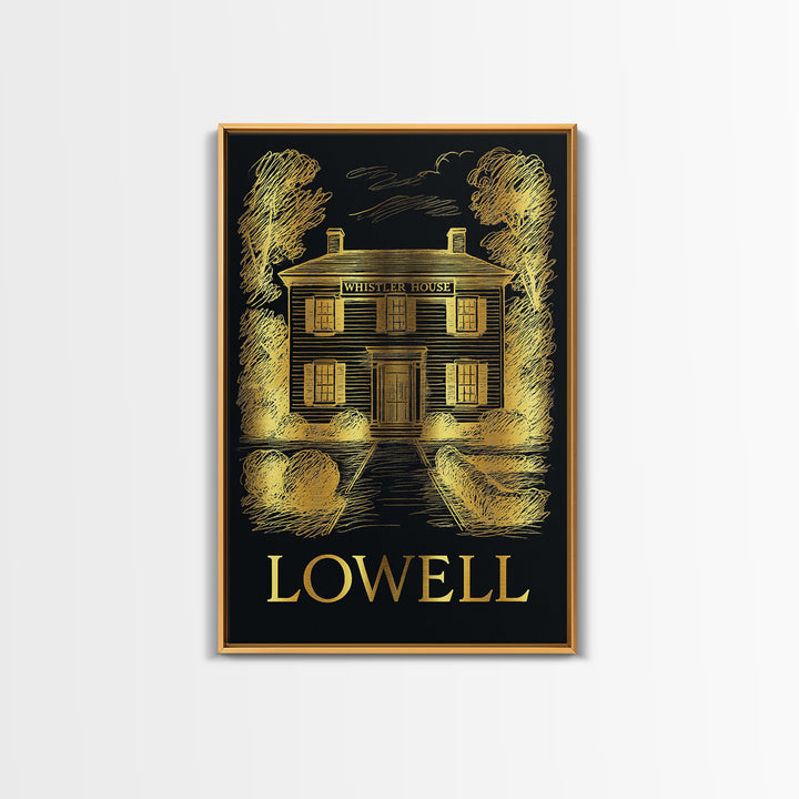 Lowell Travel Poster, Canvas Print, Black And Gold Line Art, Lowell City Art, Travel Wall Art, Eclectic Wall Decor, Gift For Travelers