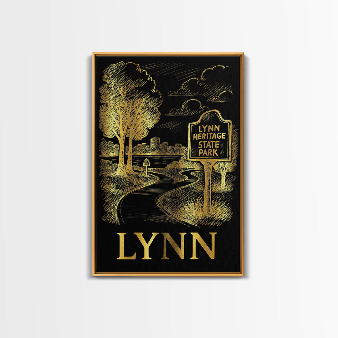Lynn Travel Poster, Framed Canvas Print, Elegant Gold City Art, Lynn Wall Art, Living Room Wall Art, Home Office Decor, Travel Wall Decor