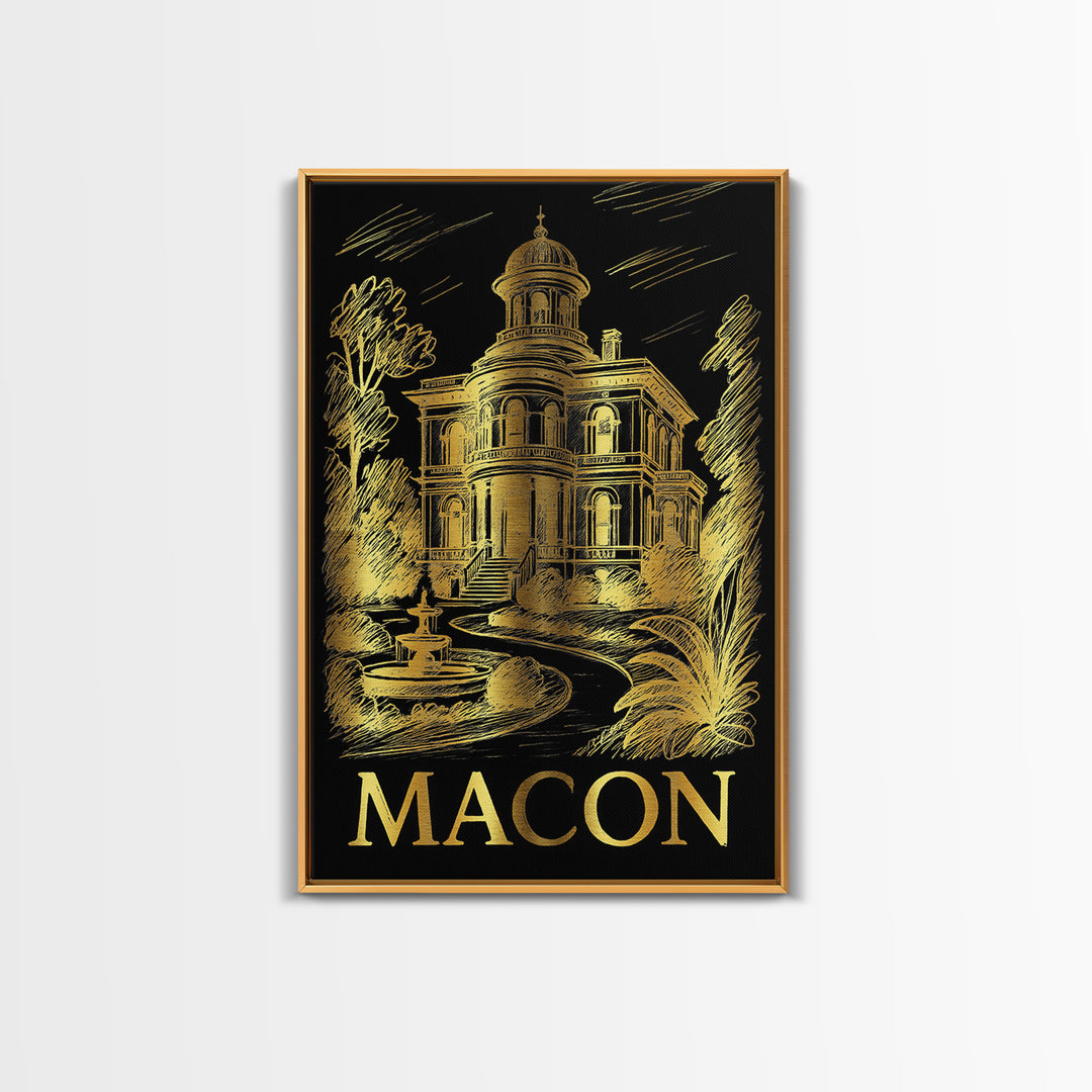 Macon Travel Poster, Framed Canvas Print, Black And Gold Line Art, Macon Wall Art, Travel Poster Art, Living Room Wall Art, City Art Print