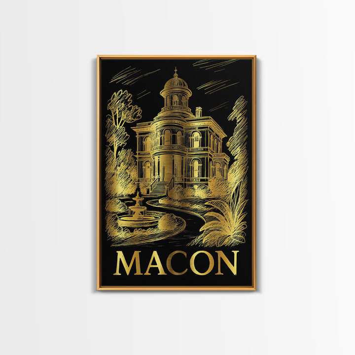 Macon Travel Poster, Framed Canvas Print, Black And Gold Line Art, Macon Wall Art, Travel Poster Art, Living Room Wall Art, City Art Print