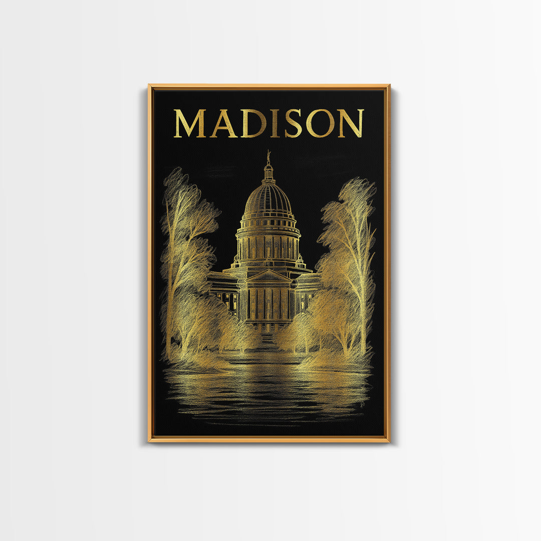 Madison Wisconsin Travel Poster, Canvas Print, Elegant Gold City Art, Madison City Art, Travel Art Print, City Art Print, Retro Travel Print