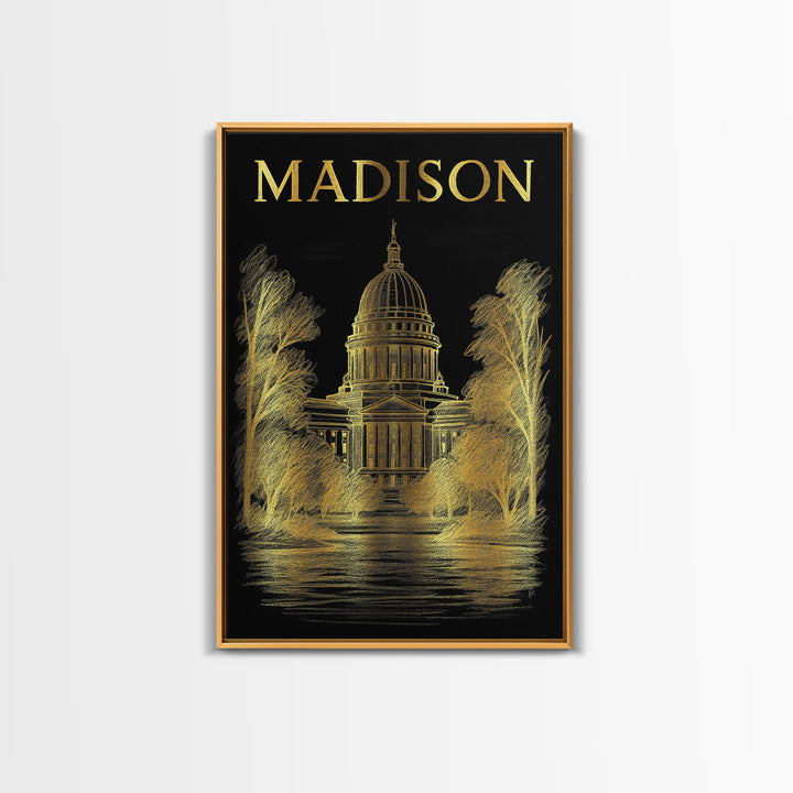 Madison Wisconsin Travel Poster, Canvas Print, Elegant Gold City Art, Madison City Art, Travel Art Print, City Art Print, Retro Travel Print