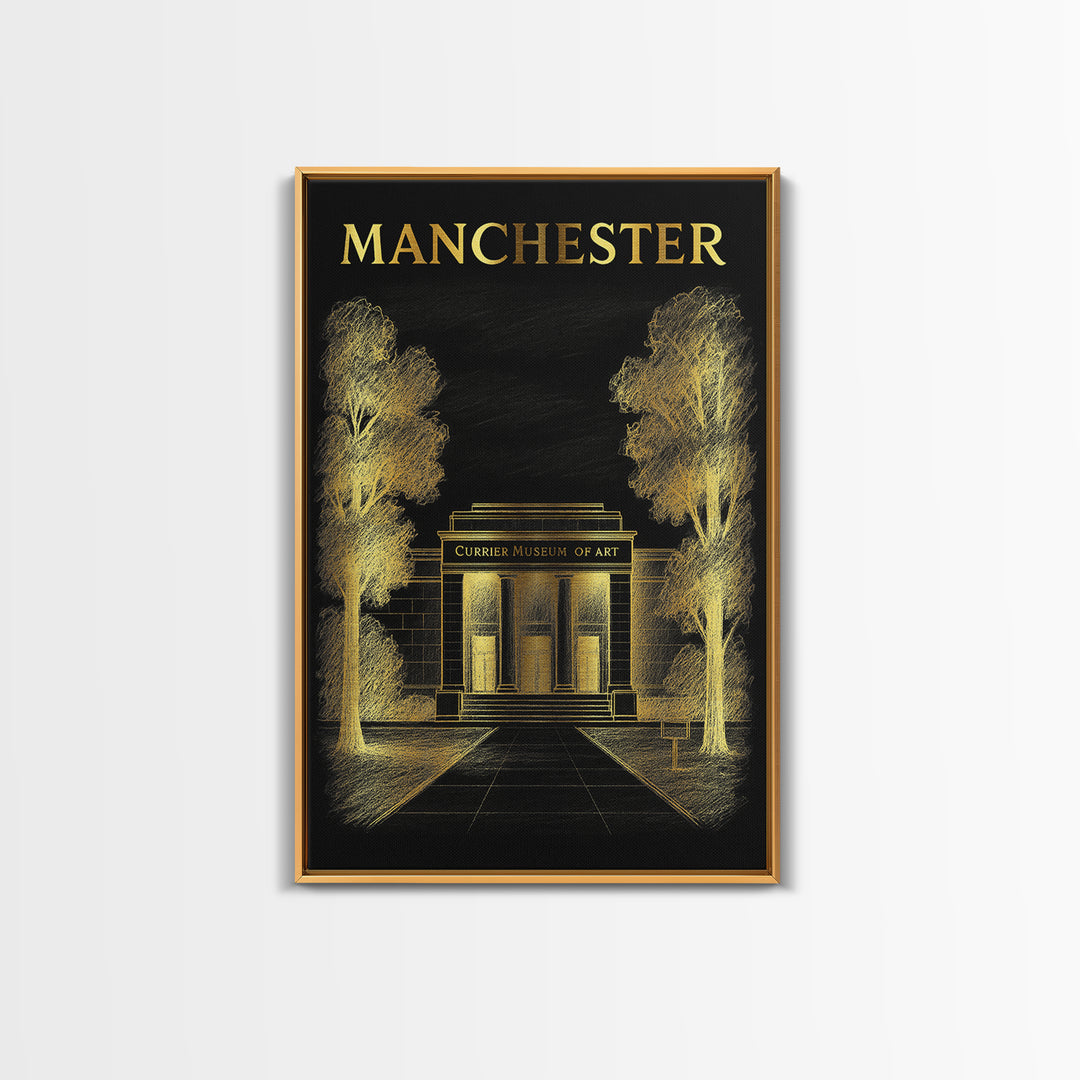Manchester New Hampshire Travel Poster, Canvas Print, Black And Gold Line Art, Manchester Wall Art, Art Print, Wall Decor, Travel Poster Set