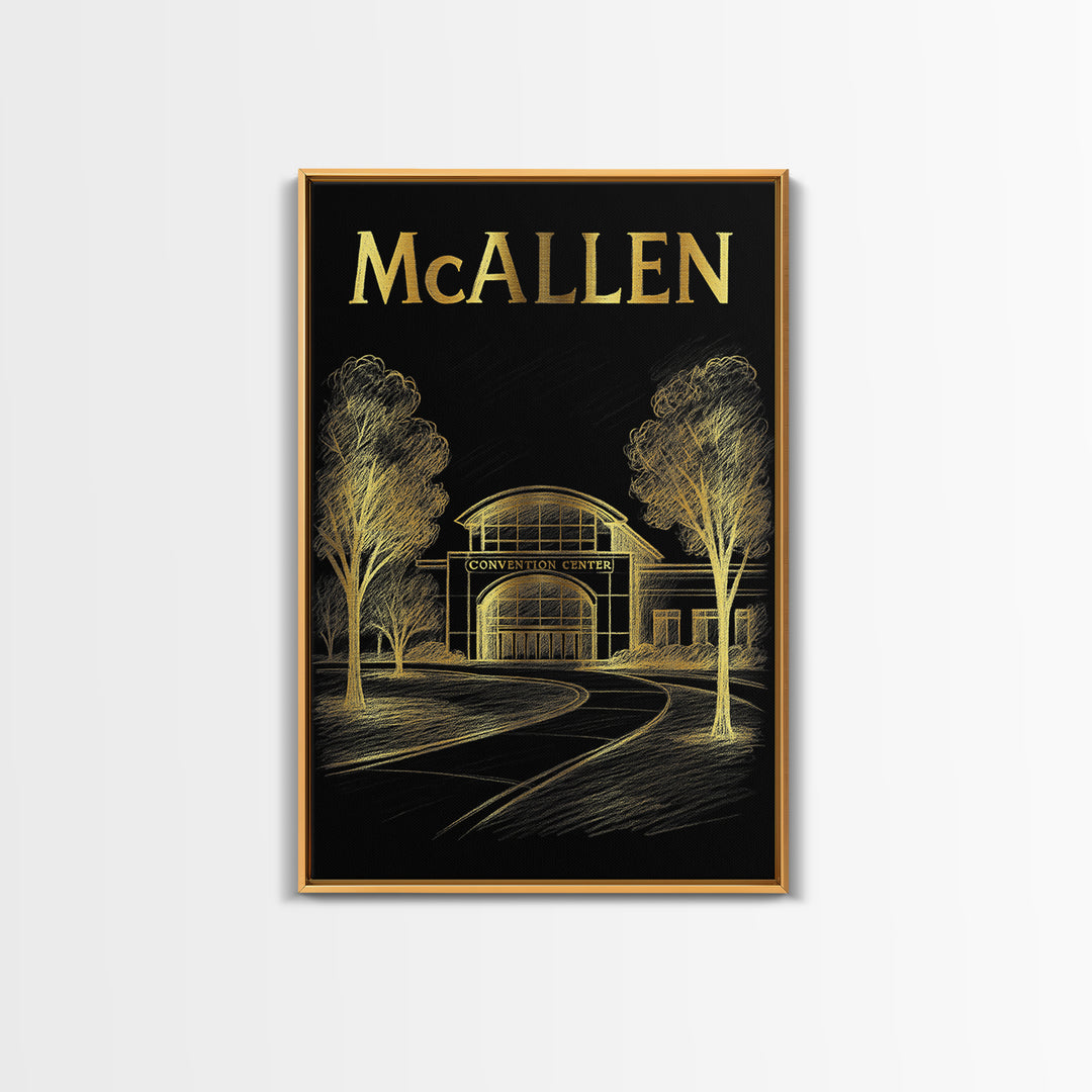 Mcallen Texas Travel Poster, Framed Canvas Print, Black And Gold Line Art, Mcallen Poster Print, Wanderlust Decor, Living Room Wall Art