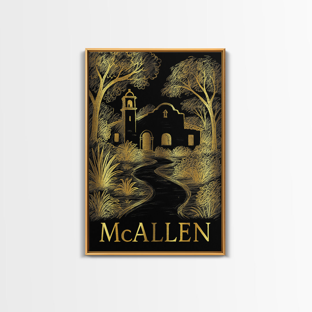 Mcallen Travel Poster, Framed Canvas Print, Black And Gold Line Art, Mcallen Travel Art, Fine Art Print, Travel Wall Decor, Retro Poster