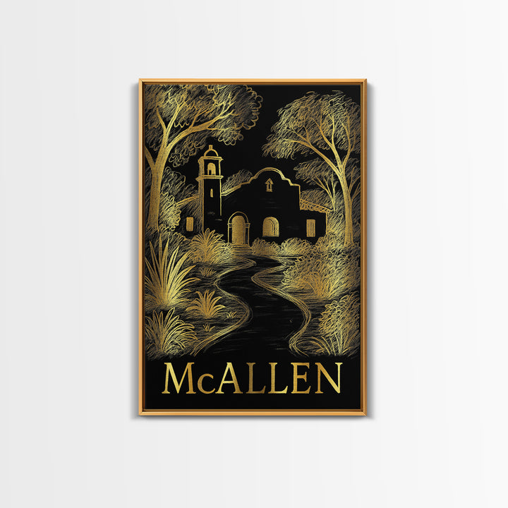 Mcallen Travel Poster, Framed Canvas Print, Black And Gold Line Art, Mcallen Travel Art, Fine Art Print, Travel Wall Decor, Retro Poster