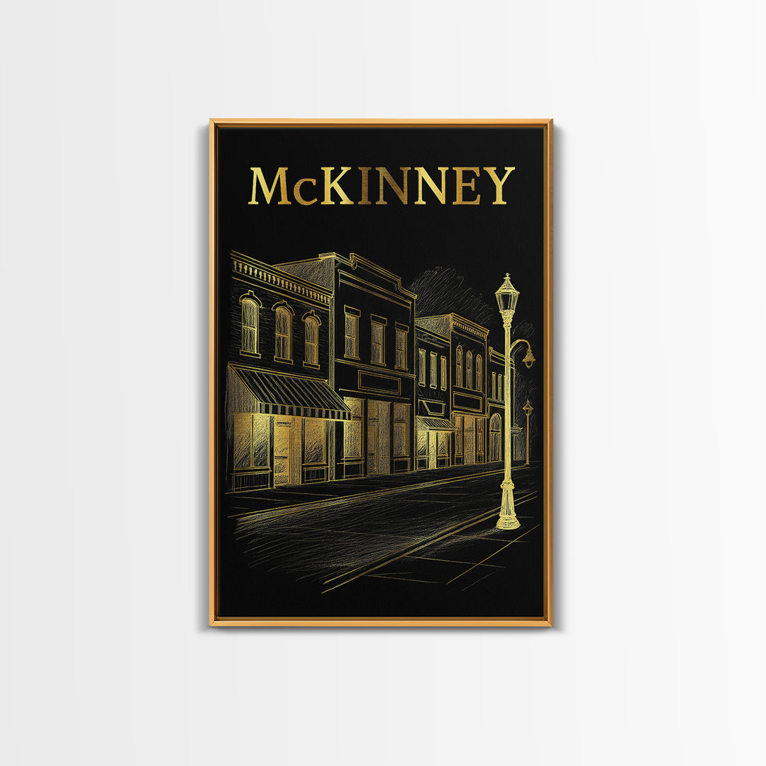 Mckinney Texas Travel Poster, Canvas Print, Elegant Gold City Art, Mckinney Wall Art, Fine Art Print, City Illustration, Vintage Travel Art