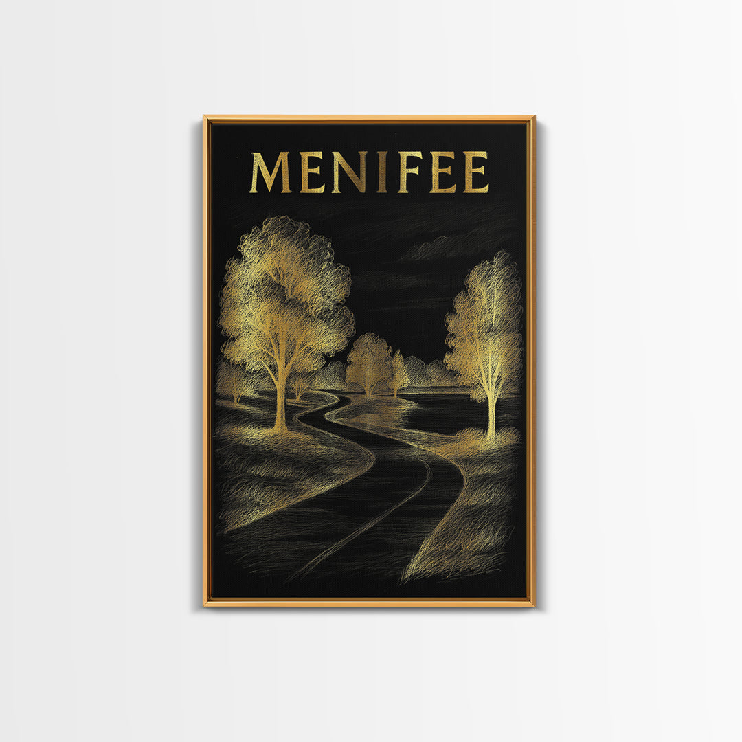 Menifee California Travel Poster, Canvas Print, Black And Gold Line Art, Menifee Art Print, Travel Prints, Vintage City Art, Travel Wall Art