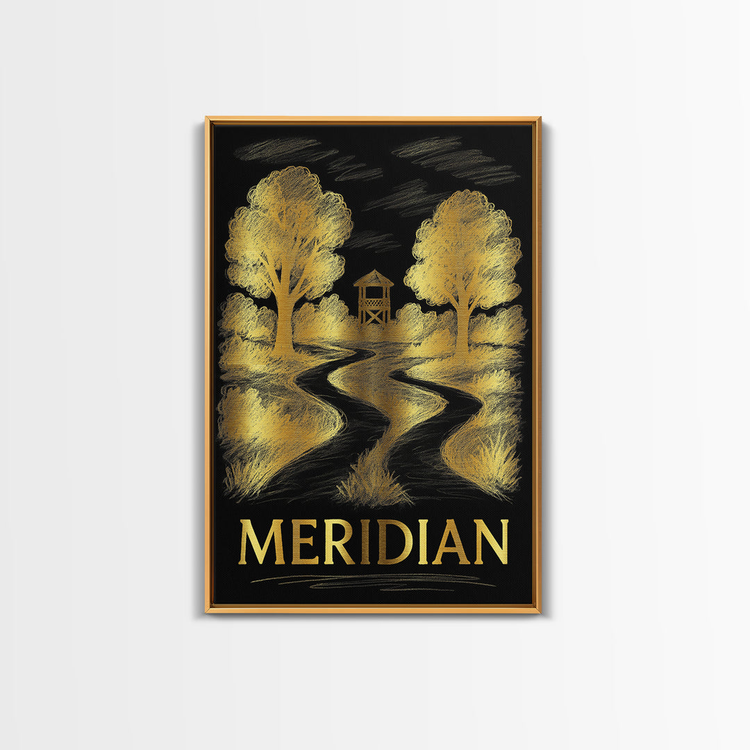 Meridian Travel Poster, Framed Canvas Print, Gold Sketch Wall Art, Meridian Wall Art, City Travel Prints, Vintage Travel Print