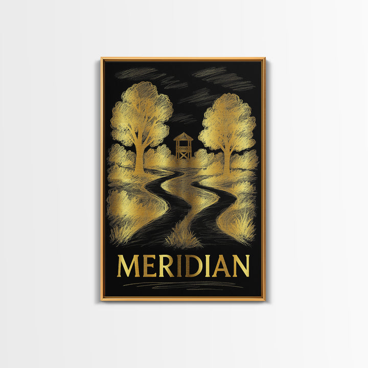 Meridian Travel Poster, Framed Canvas Print, Gold Sketch Wall Art, Meridian Wall Art, City Travel Prints, Vintage Travel Print