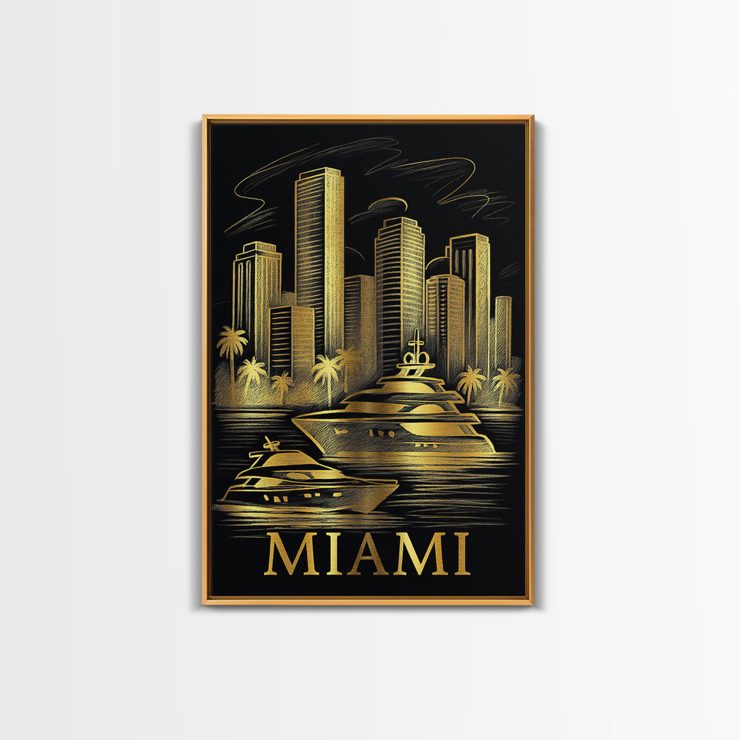Miami Travel Poster, Framed Canvas Print, Elegant Gold City Art, Miami Travel Art, Fine Art Print, Gift For Travelers, City Art Print