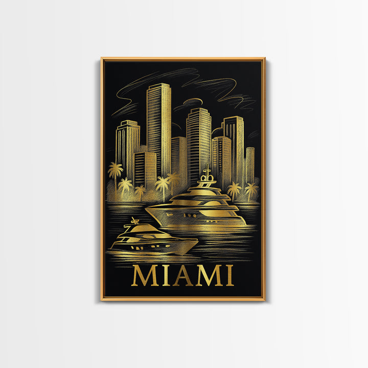 Miami Travel Poster, Framed Canvas Print, Elegant Gold City Art, Miami Travel Art, Fine Art Print, Gift For Travelers, City Art Print