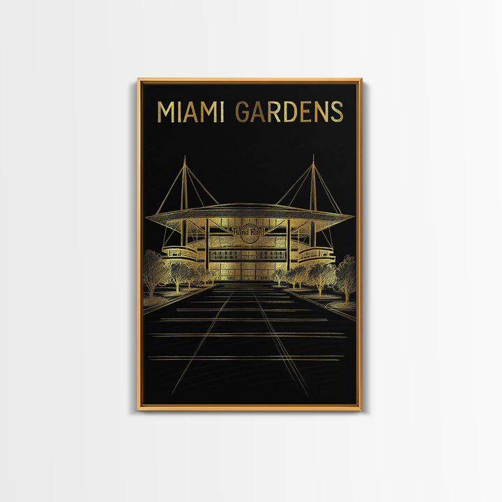 Miami Gardens Florida Travel Poster, Canvas Print, Black And Gold Line Art, Miami Gardens City Art, Retro Travel Print, Modern Wall Decor