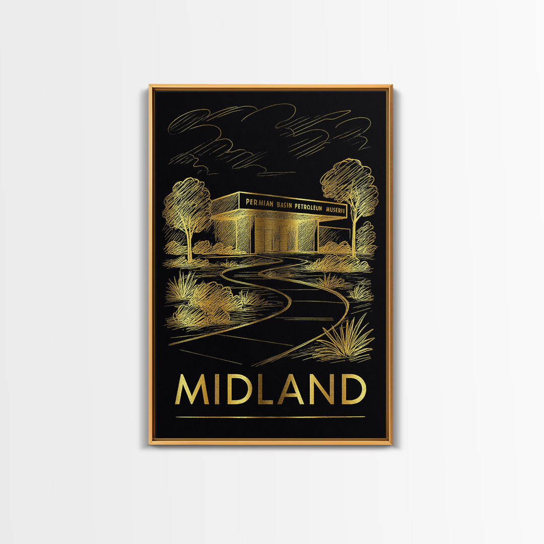Midland Travel Poster, Framed Canvas Print, Dark Background Poster Art, Midland City Art, Vintage City Art, Vintage City Poster