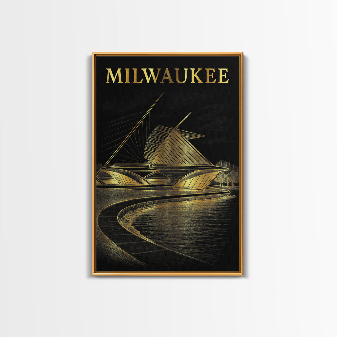 Milwaukee Wisconsin Travel Poster, Canvas Print, Elegant Gold City Art, Milwaukee Poster Print, Mid Century Wall Art, Vintage Travel Art