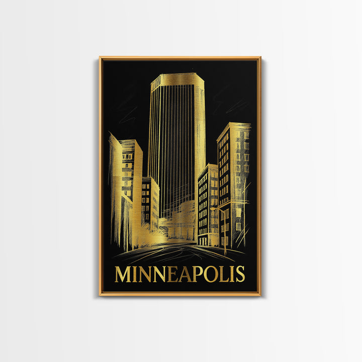 Minneapolis Travel Poster, Framed Canvas Print, Gold Sketch Wall Art, Minneapolis City Art, Gift For Travelers, Travel Wall Decor